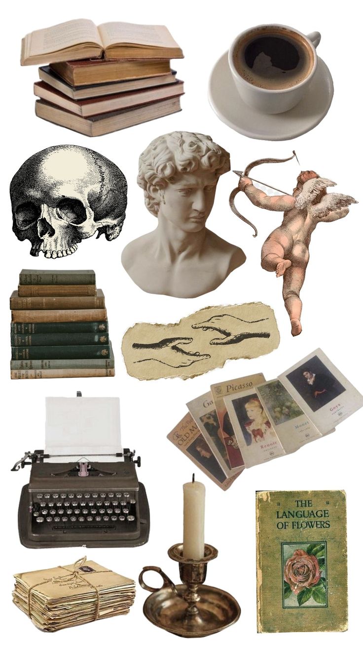 there are many different items that can be found in this collage, including an old typewriter and books