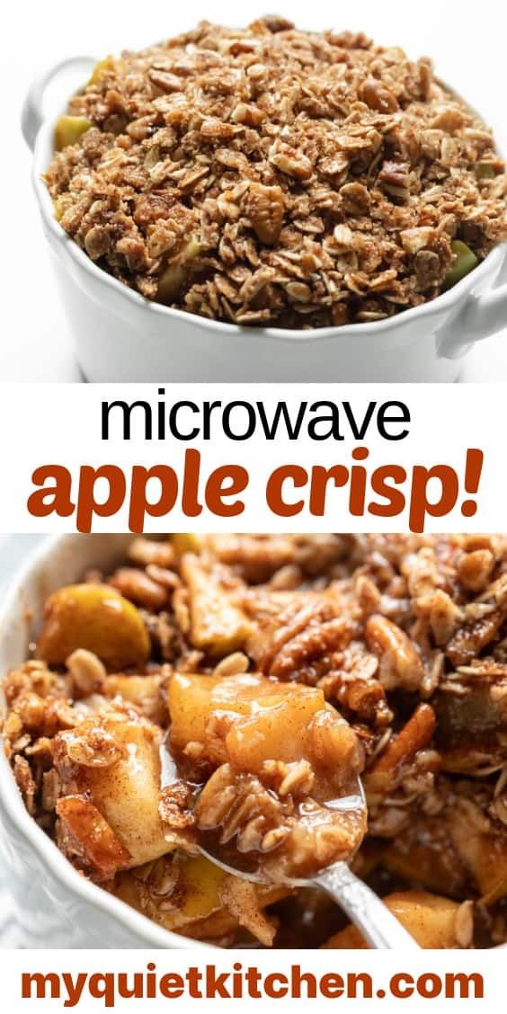 apple crisp in a white dish with text overlay