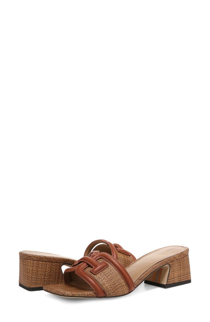 An iconic logo accent punctuates the bridge of a breezy slide sandal balanced by a square toe and flared block heel. 2" heel; (size 8.5) Leather and textile upper/synthetic lining/rubber sole Imported Brown Sandals With Stacked Heel And Square Toe, Brown Block Heel Mules With Contrasting Counter, Brown Square Toe Sandals With Heel Loop, Brown Mules With Contrasting Block Heel, Brown Casual Heels With Contrasting Heel Counter, Brown Casual Heels, Brown High Heel Mules For Vacation, Casual Sandals With Square Toe And Branded Heel, Casual Sandals With Square Toe And Stacked Heel