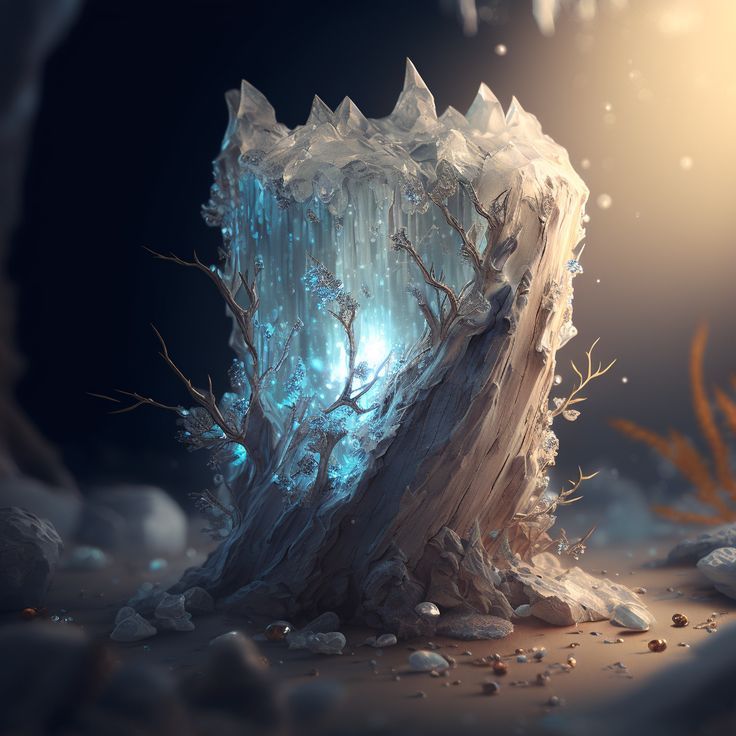 an ice - covered tree stump surrounded by rocks and water with a glowing light coming from it