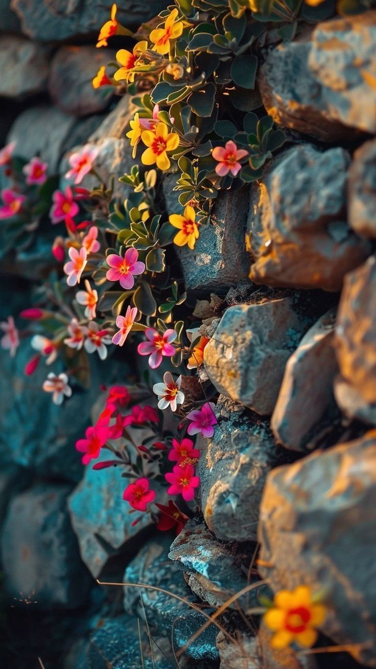 colorful flowers are growing on the side of a stone wall with rocks in the background