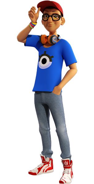 a cartoon boy with glasses and a baseball cap is holding his hand up to the side