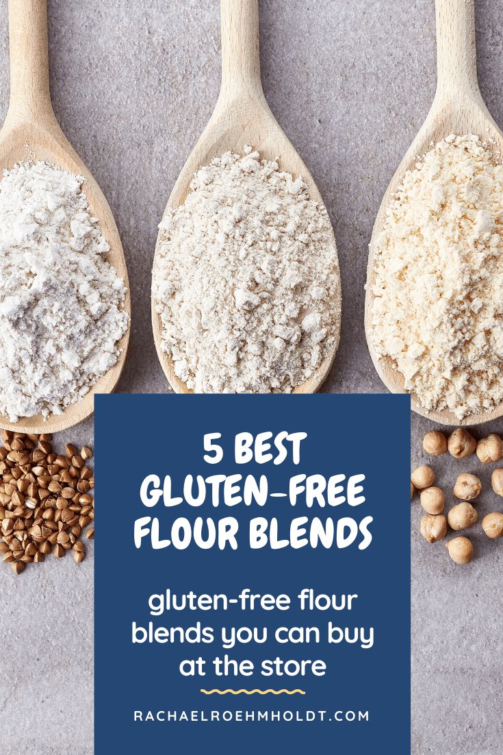 five spoons filled with gluten - free flour on top of each other