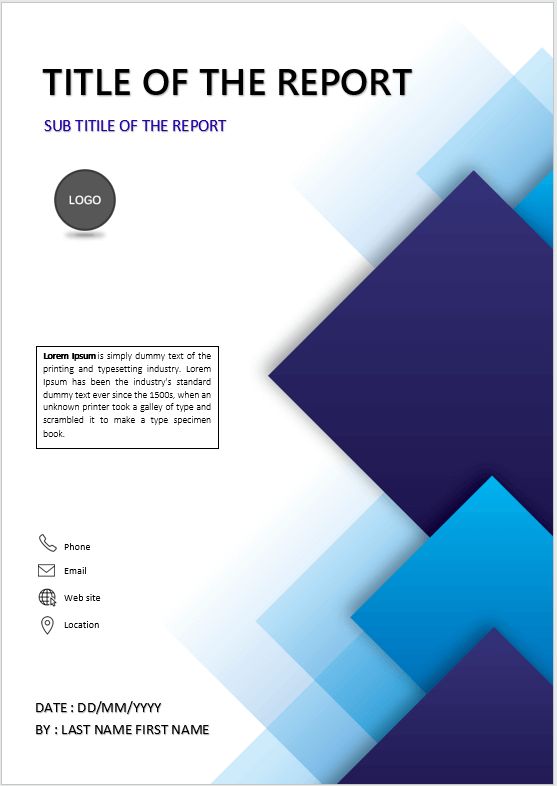 a blue and white report cover with an arrow on the bottom, in front of it