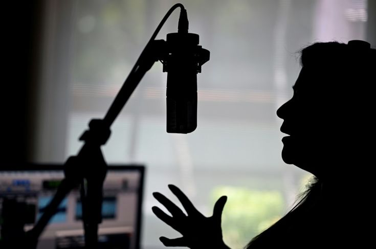 the silhouette of a person in front of a microphone with their hand up to it