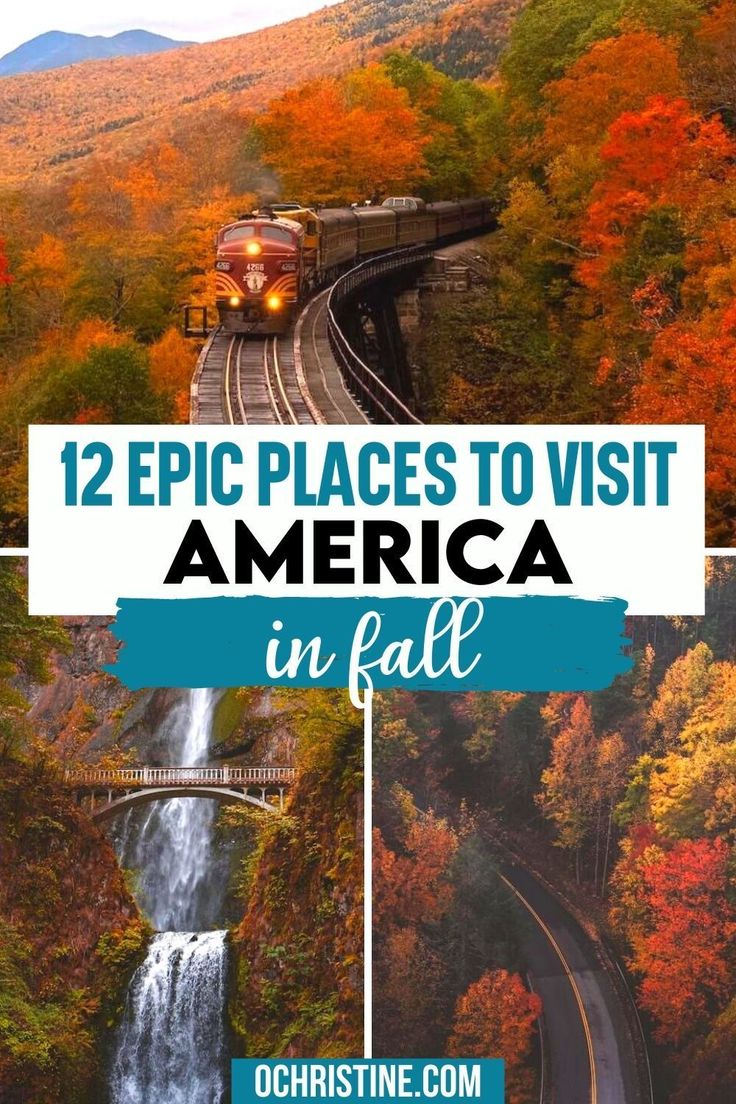 a train traveling down the tracks next to a waterfall and trees with fall foliage in the background