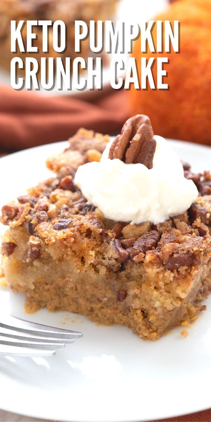 A piece of Keto Pumpkin Dump Cake on a white plate with a fork. Keto Pumpkin Crunch Cake, Keto Pumpkin Cake, Dessert Pumpkin, Pumpkin Crunch Cake, Keto Holiday Recipes, Pumpkin Crunch, Pecan Topping, Pumpkin Custard, Desserts Keto