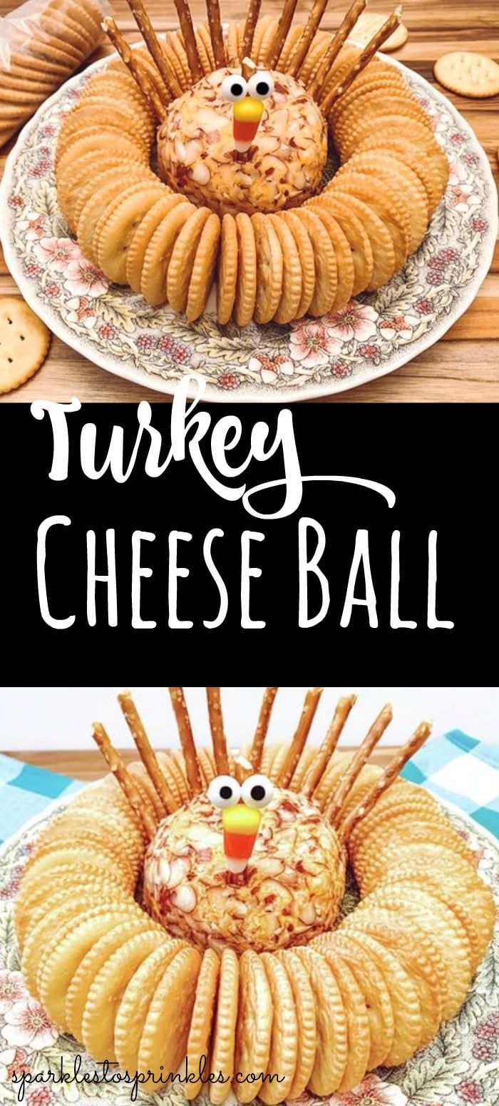 turkey cheese ball on a plate with crackers