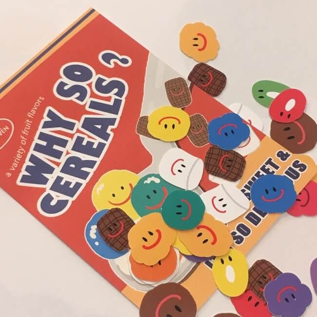 a box of cereal stickers sitting on top of a table