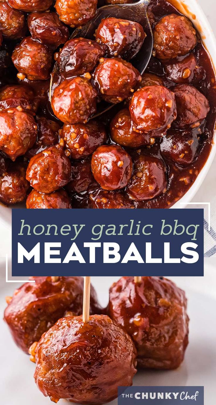 honey garlic bbq meatballs on a white plate with text overlay that reads, honey garlic bbq meatballs