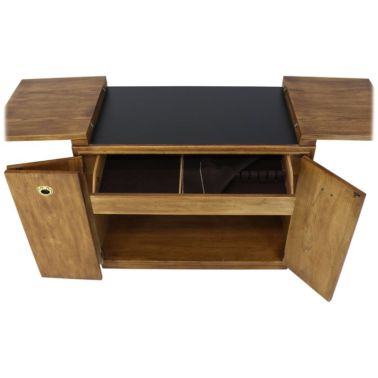 a wooden desk with two drawers and a black top