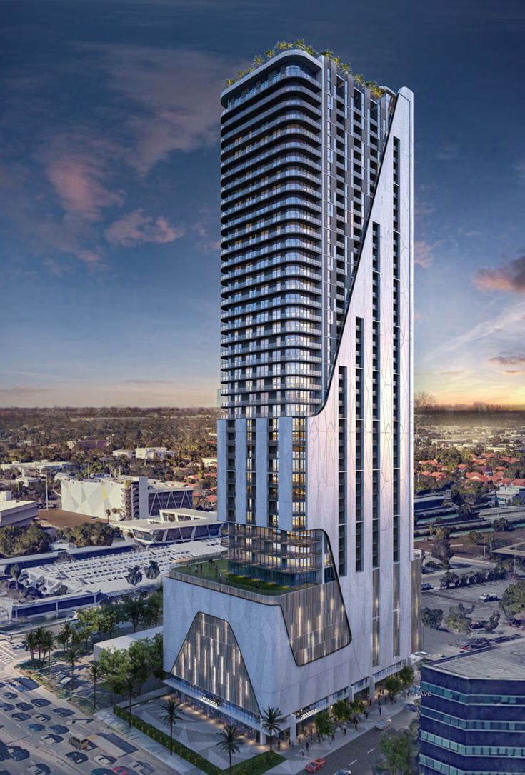 an artist's rendering of a tall building in the city