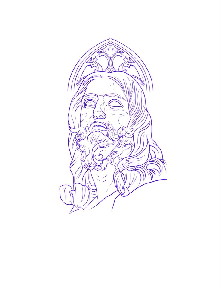 a drawing of a man with long hair and beard wearing a crown on his head