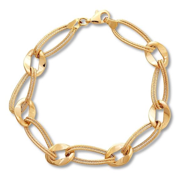 This 10K yellow gold bracelet for her features alternating textured and polished links for an intriguing look. The 7.75-inch bracelet fastens with a lobster clasp. Bracelet For Her, Jewelry Advice, Beaded Necklace Designs, Multi Layer Necklace, Kay Jewelers, Gold Models, Yellow Gold Bracelet, Gold Plated Bracelets, Rings Necklaces