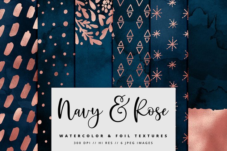 navy and rose watercolor paper pack with gold foil designs on it, including the text mary & rose