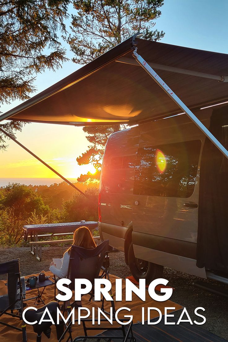 a camper van with the words spring camping ideas