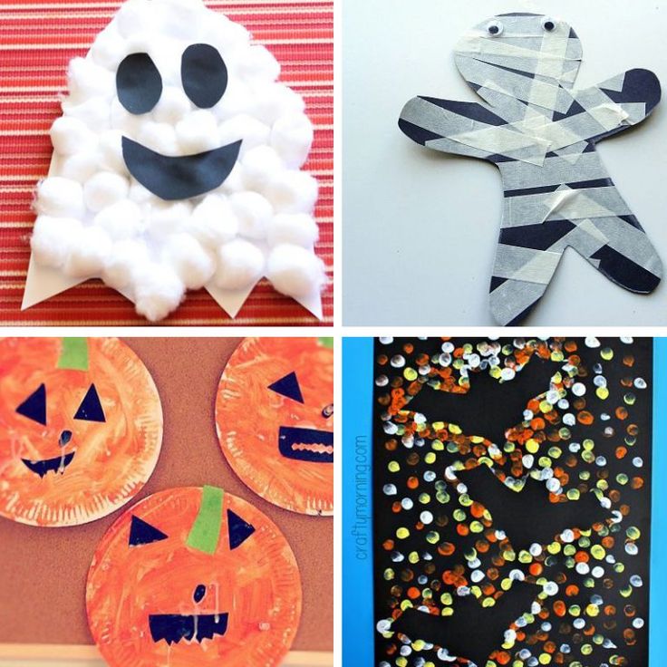 four different halloween crafts for kids to make with paper plate pumpkins and other items