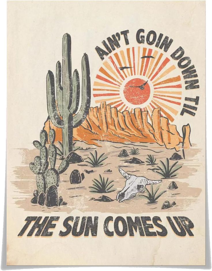 an advertisement for the sun comes up with cactuses and birds in front of it