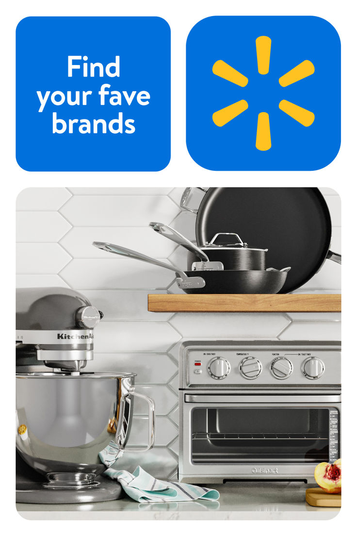 a kitchen with pots and pans on the counter next to an advertisement that says find your fave brands