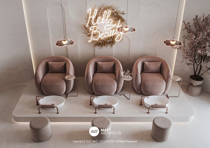 a group of chairs and stools in front of a sign that says hello baby