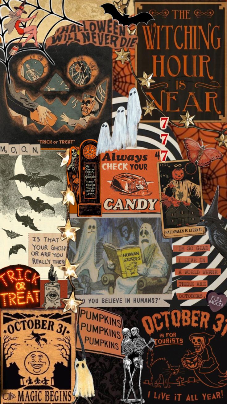 a collage of halloween related items including posters, pumpkins and ghostes is featured in this image