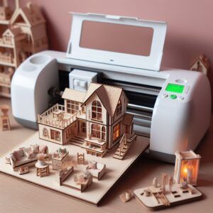 a printer and some wooden houses on a table