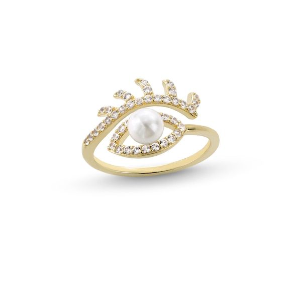 You’ll make splashes with lashes in this fashion-forward bypass ring. Sterling silver with 18K gold plate A 5.0-5.5mm round white freshwater cultured pearl is the centerpiece White lab-created sapphires sparkle along the almond shape and lashes Gold Rings With Diamond Eyes For Anniversary, Elegant Gold Rings With Diamond Eyes, White Lab, Bypass Ring, Eye Ring, Pearl White, Fresh Water, Fathers Day Gifts, Lashes