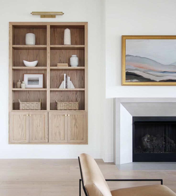 a living room filled with furniture and a fire place in front of a book shelf