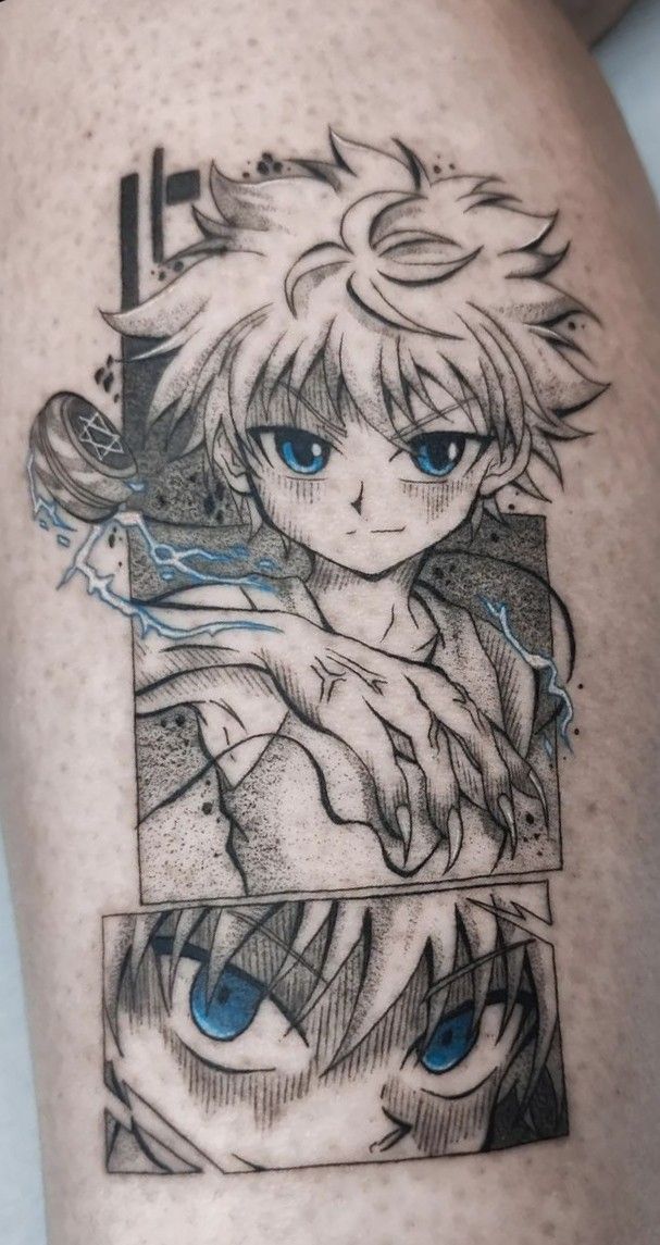 an anime character with blue eyes on his thigh is shown in black and grey ink