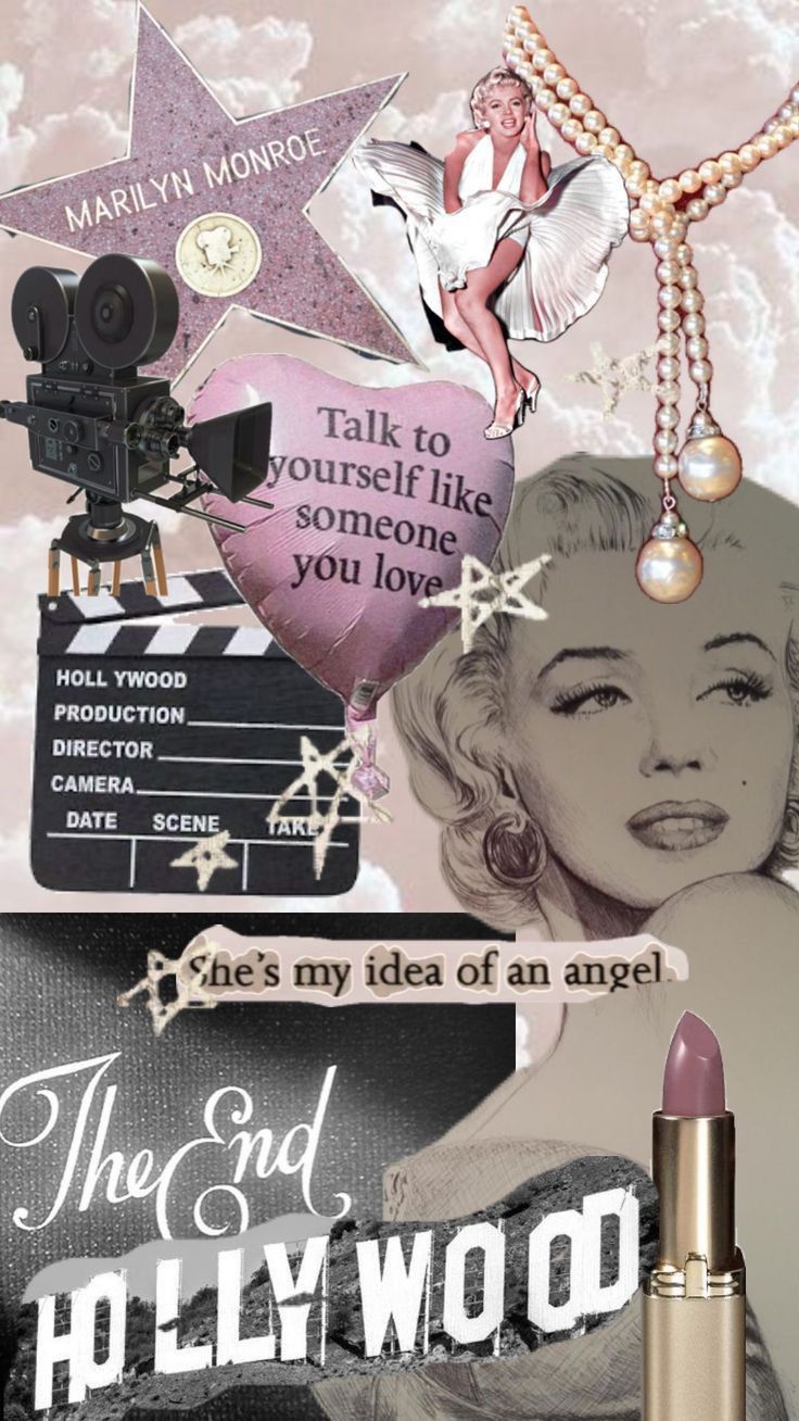 marilyn monroe collage with pink lipstick, camera and other items on top of it