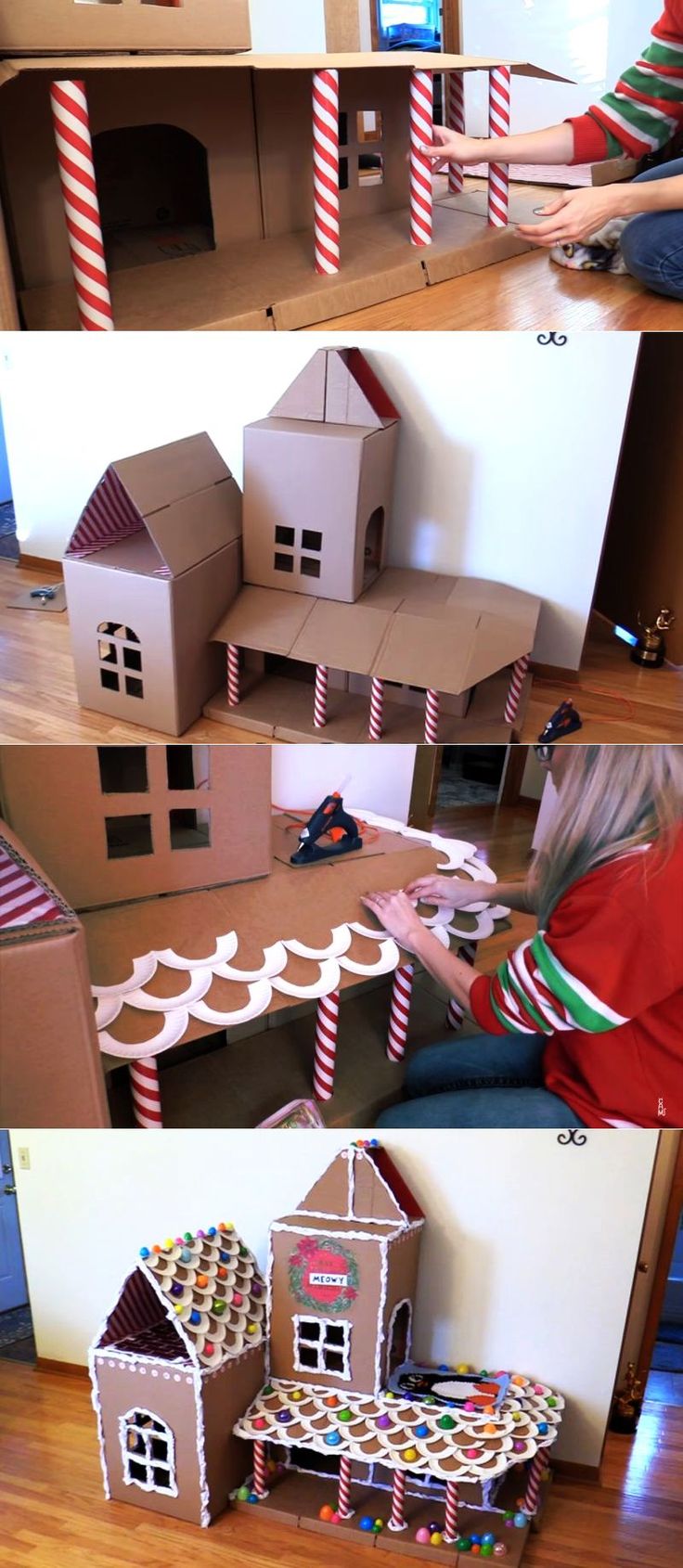 two pictures of children playing with cardboard houses