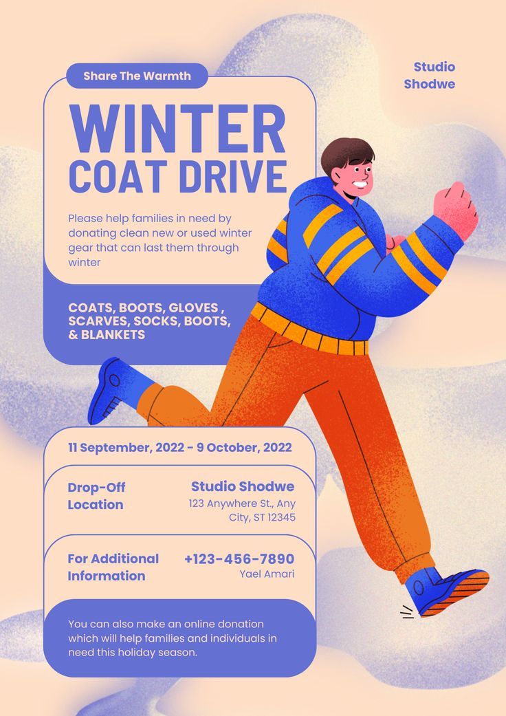 an advertisement for winter coat drive with a man in blue jacket and orange pants running