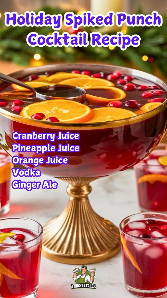 holiday spiked punch cocktail recipe with cranberry juice orange juice vodka ginger ale