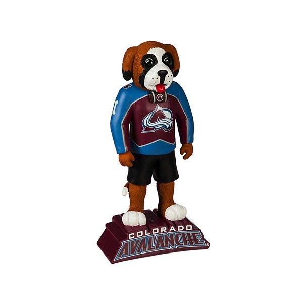 a figurine of a dog wearing a football uniform and holding a sign that says colorado avalanche