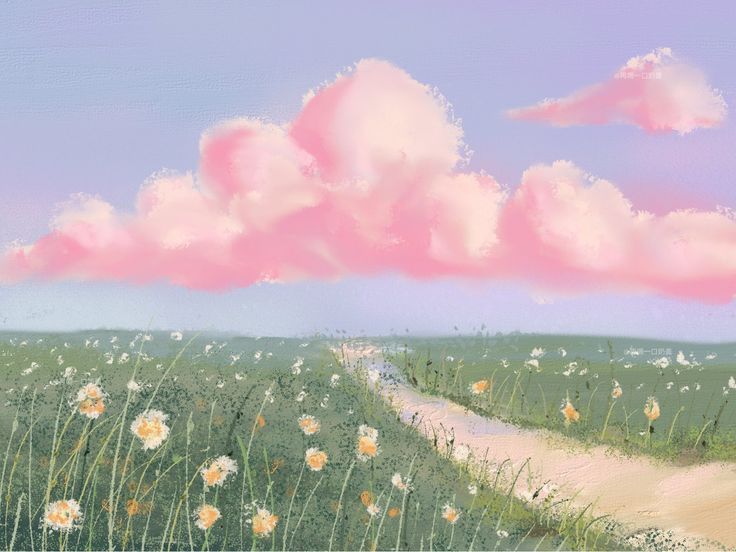 an oil painting of a pink cloud over a field with daisies in the foreground