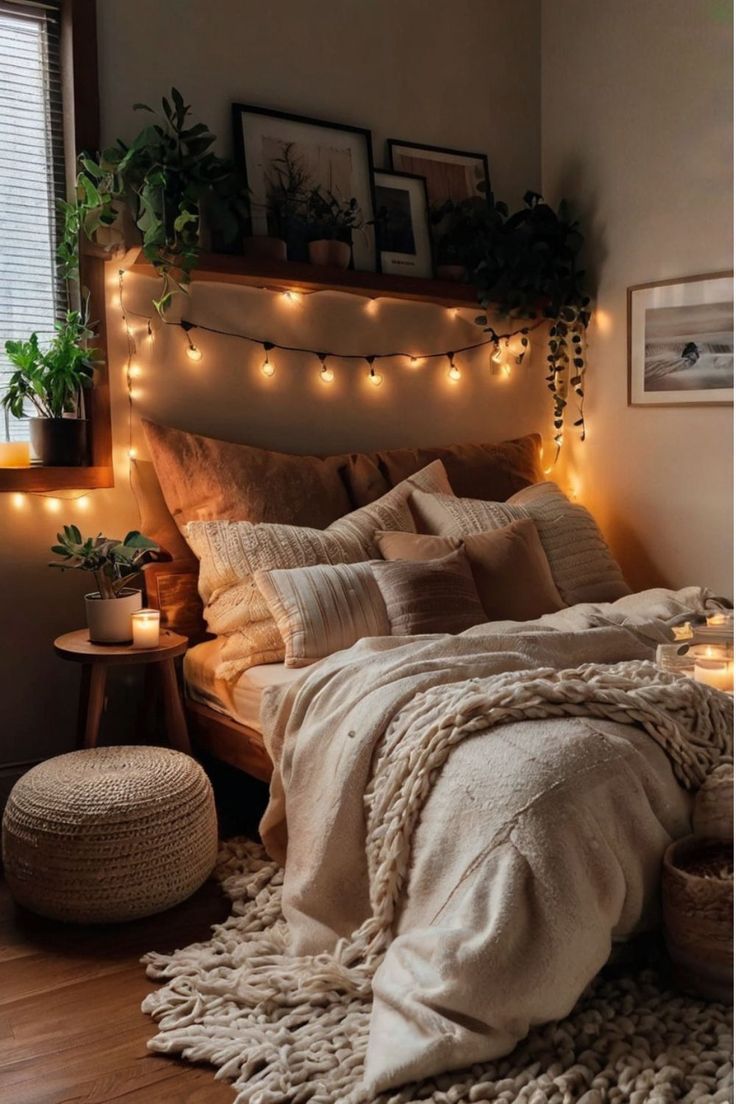 Boho cozy bedroom with natural elements and eclectic touches. Cute Cheap Bedroom Ideas, Small Rustic Room Ideas, Dark Boho Decor Bedroom, Cozy Boho Aesthetic, Apartment Inspo Cozy Bedroom, Eclectic Neutral Bedroom, Cute Apartment Aesthetic Bedroom, Light Room Asthetics, Cozy Bedroom With Lights