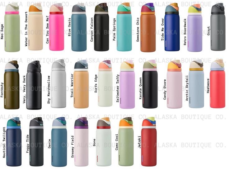 thermos are all different colors and sizes for each item in this image, there is