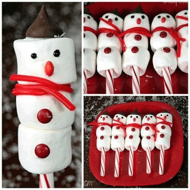 marshmallows are wrapped in red ribbon and decorated like a snowman