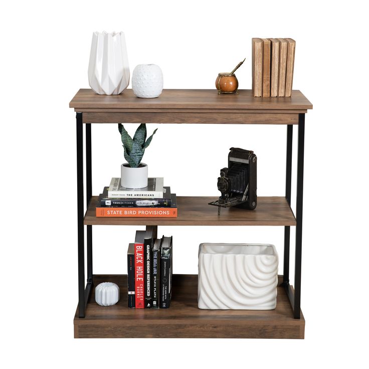 a book shelf with books, vases and other items on it's shelves