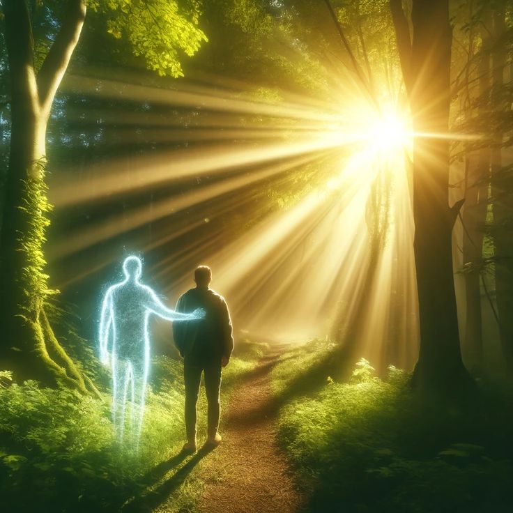 two people standing on a path in the woods with bright light coming from behind them