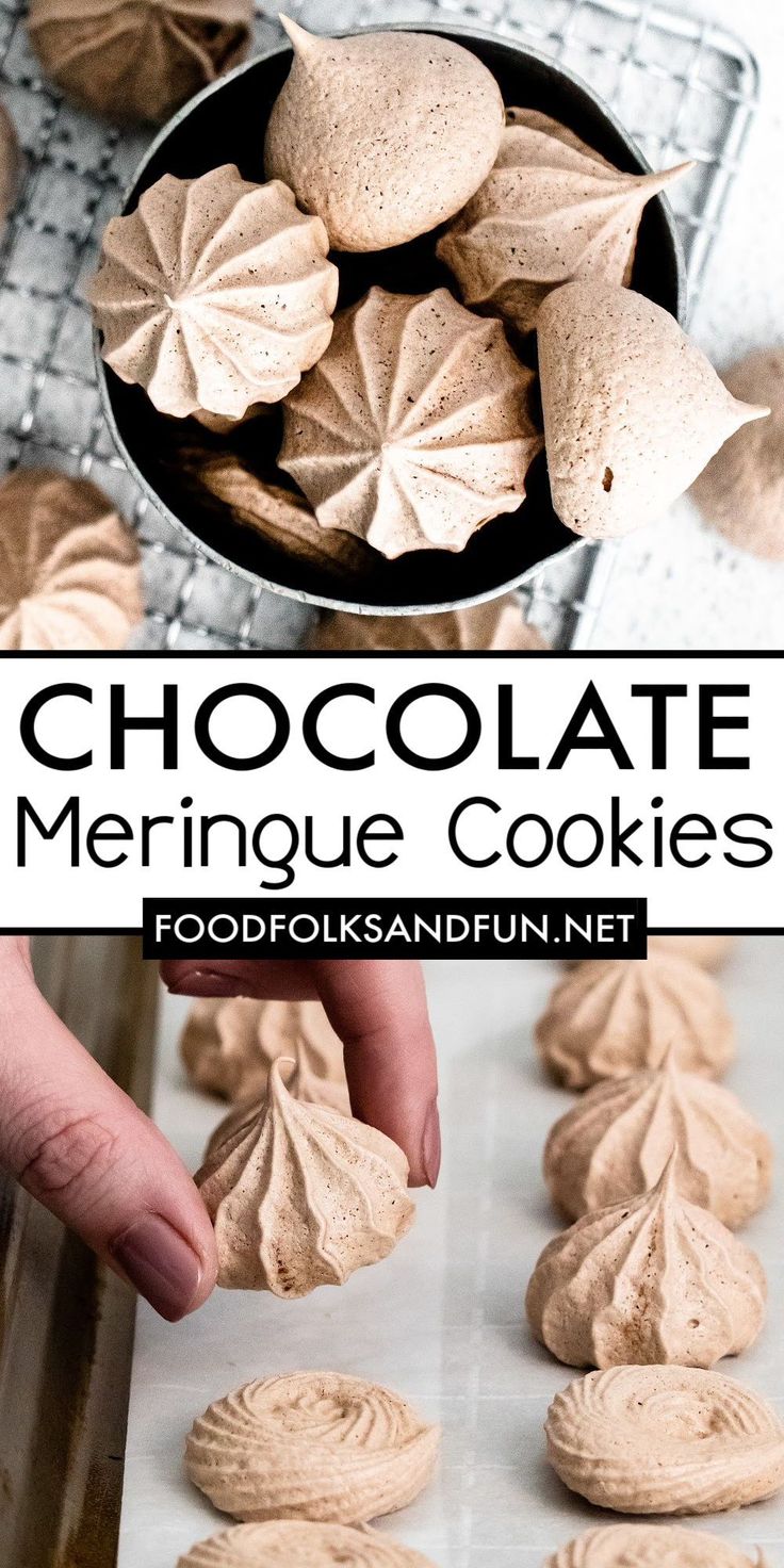 chocolate meringue cookies on a baking sheet and in a cast iron skillet