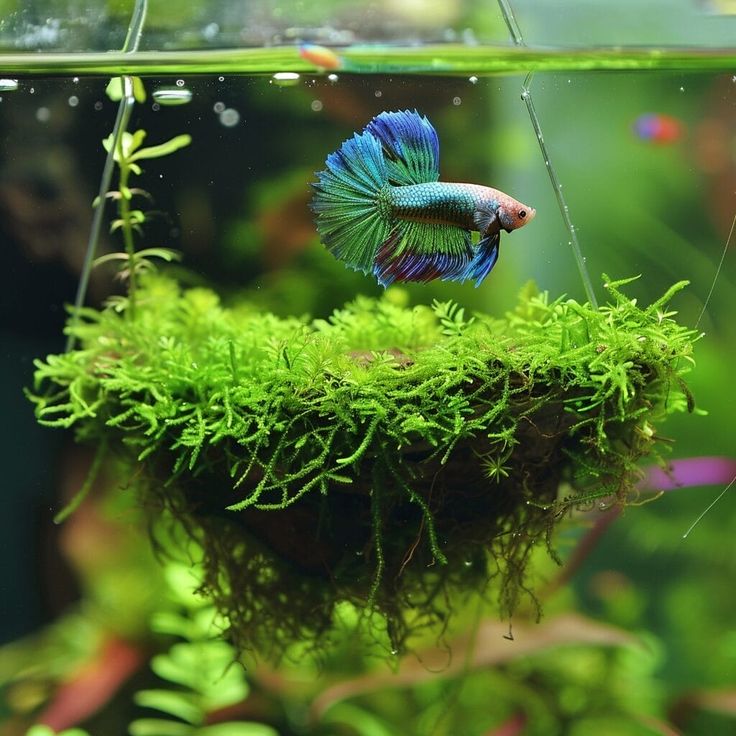 a fish that is sitting on some moss in an aquarium filled with plants and water