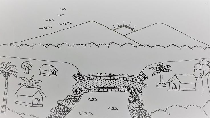 a black and white drawing of a bridge in the middle of a mountain range with houses on it