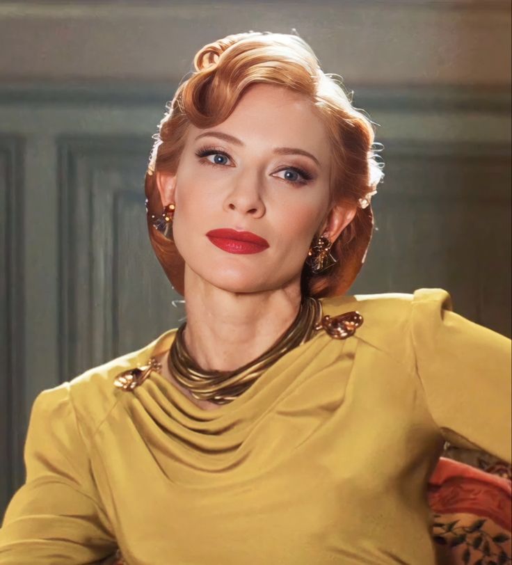 a woman in a yellow dress with red lipstick on her face and gold jewelry around her neck