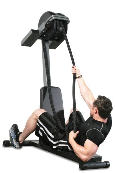 a man is doing an exercise on a gym machine with the straps attached to his chest