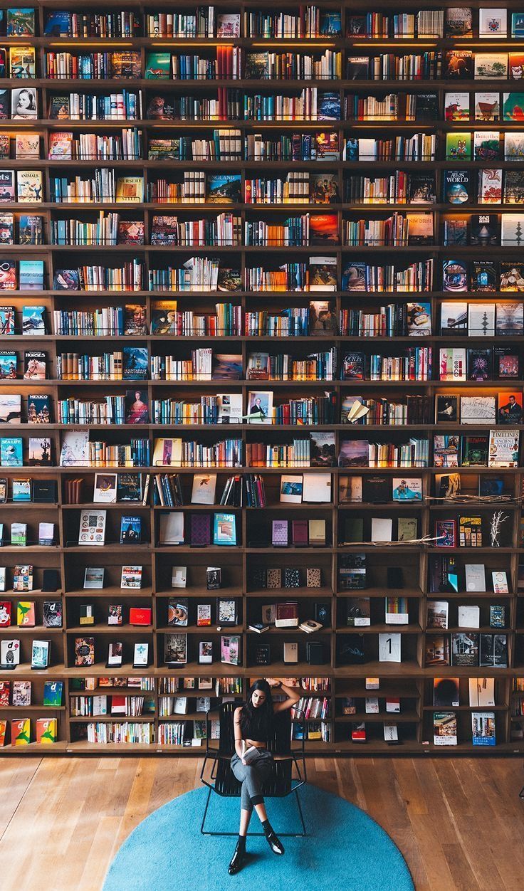 a person sitting in a chair in front of a bookshelf full of books