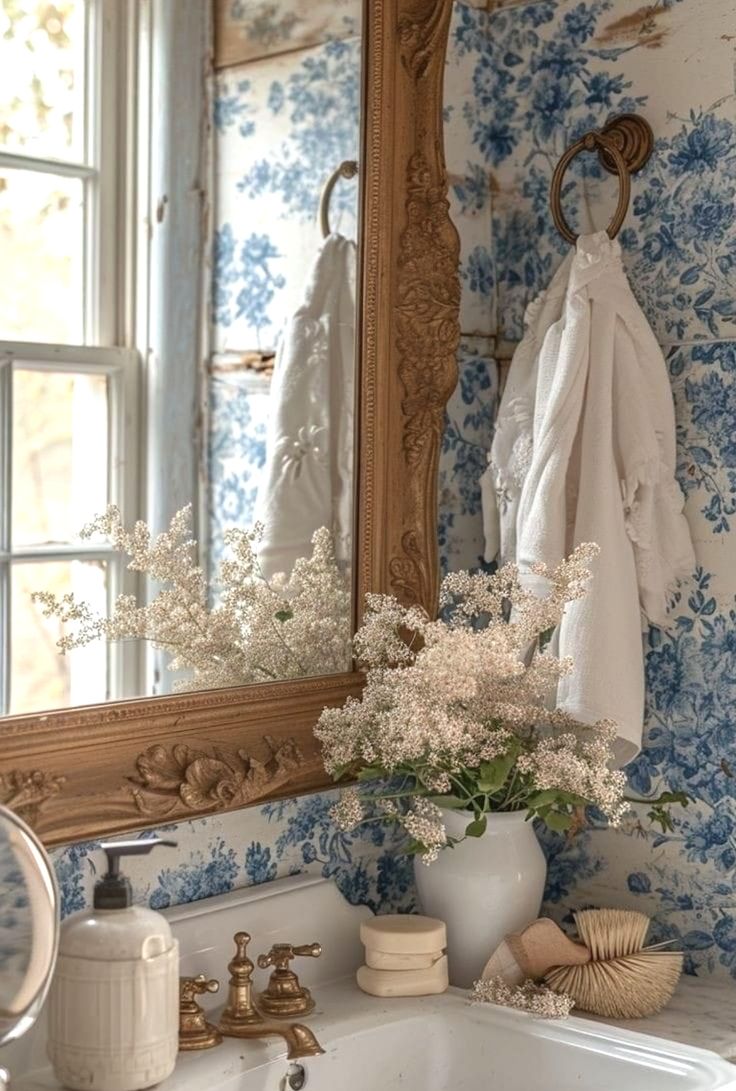 a bathroom sink sitting under a large mirror next to a white vase filled with flowers