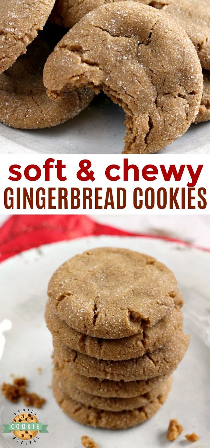 soft and chewy gingerbread cookies on a white plate with the title above it