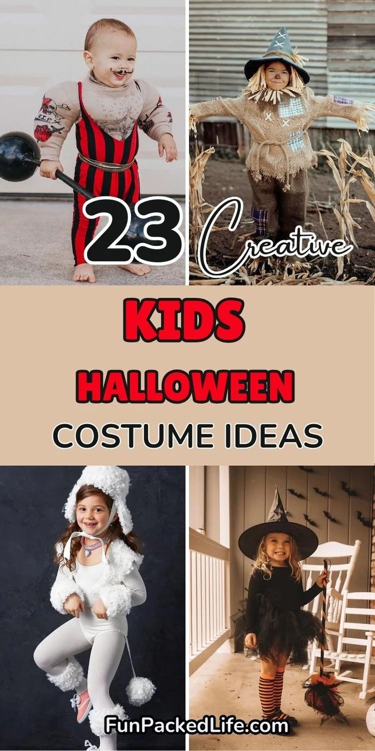 The image showcases four different creative kids Halloween costume ideas with the text "23 Creative Kids Halloween Costume Ideas" displayed. The image emphasizes fun and creative costume choices for Halloween, ideal for young children, and encourages DIY inspiration for parents looking for easy Halloween costume ideas. Kids Halloween Costumes Diy, Creative Halloween Costumes For Kids, Diy Kids Halloween Costumes, Best Toddler Costumes, Creative Kids Halloween Costume, Kids Halloween Costume Ideas, Homemade Costumes For Kids, Halloween Outfits For Kids, Kids Halloween Costume