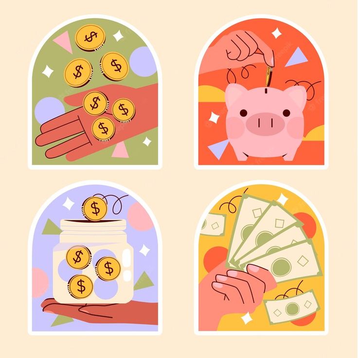 four stickers depicting piggy banks and money